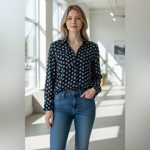 Ann Taylor Polka Dot Blouse Small Black Blue Sheer Button Front Classic